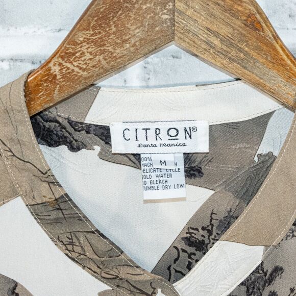 Citron of Santa Monica Women's 100% Silk blouse mandarin collar mountain print M - Picture 2 of 7